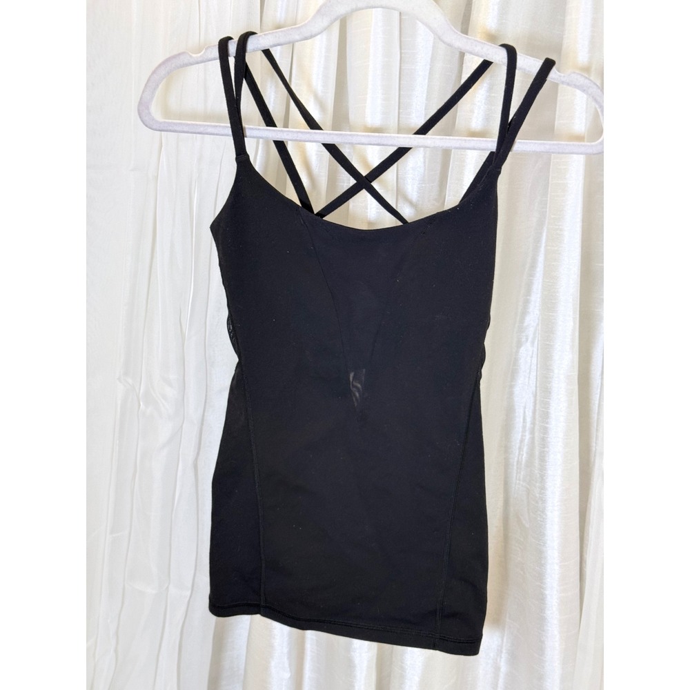 Lululemon Wild Tank Top Women 4 Black Mesh Strappy Back Built-in Bra Yoga